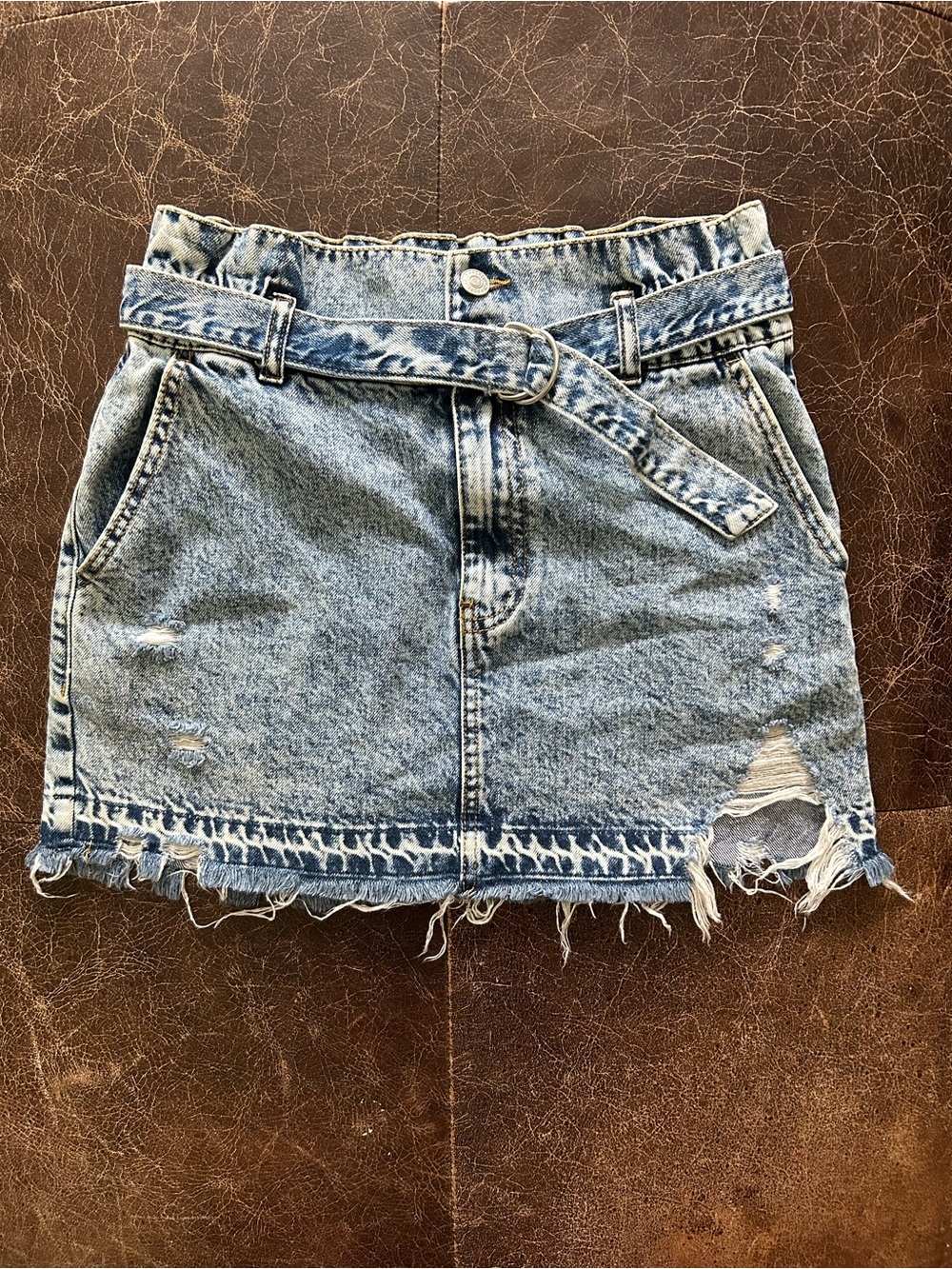Forever 21 Distressed Acid Washed Denim Mini Skirt with Belt